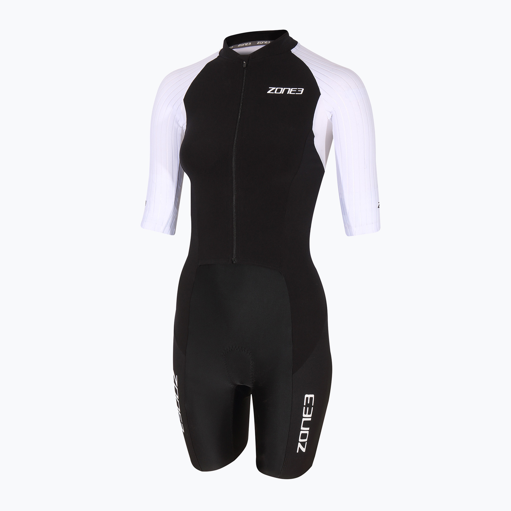 Women's triathlon suit ZONE3 Lava Long Distance Full Zip SS Aero Suit black/white/green (S)