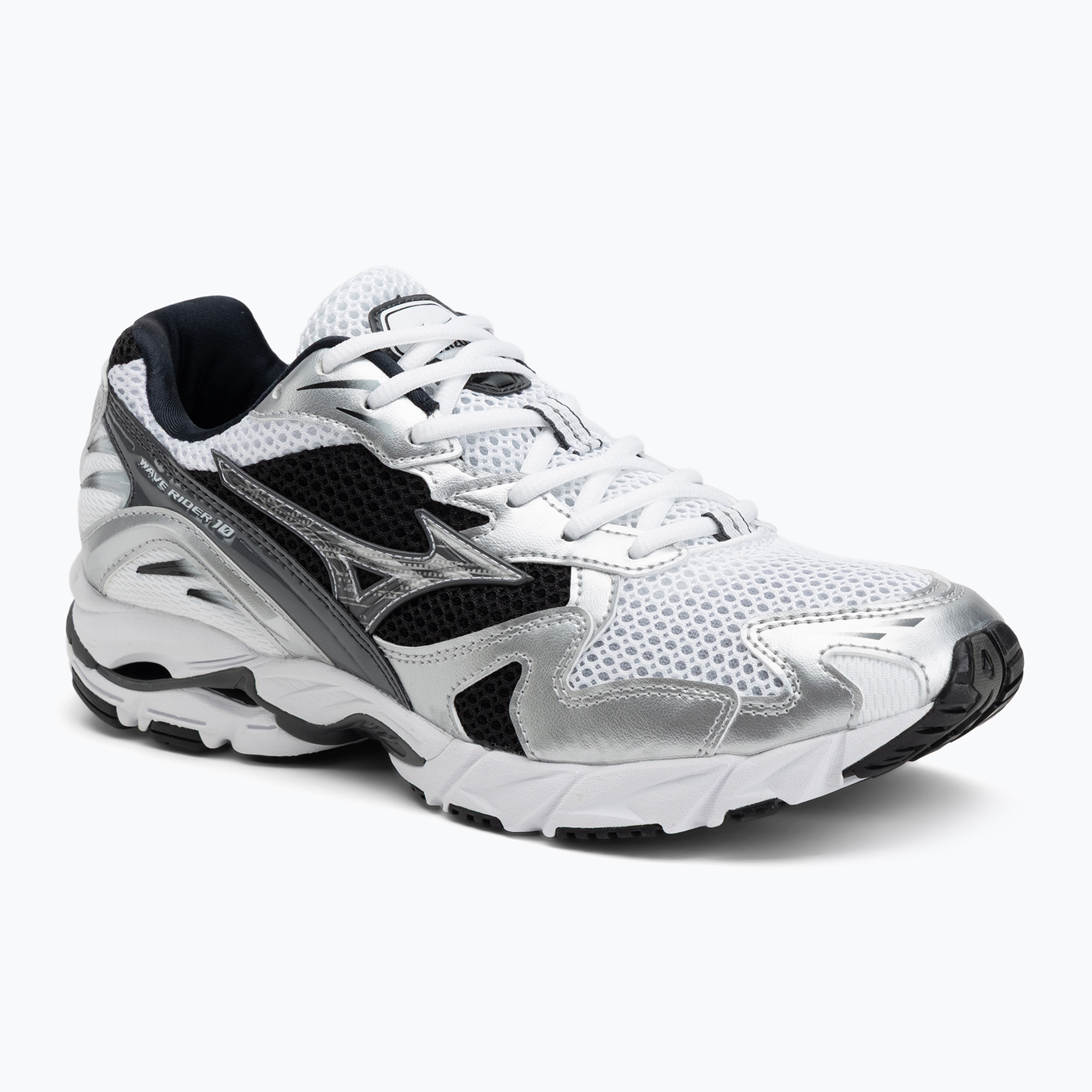 Men's shoes Mizuno Wave Rider 10 white/silver/black (45 EU)