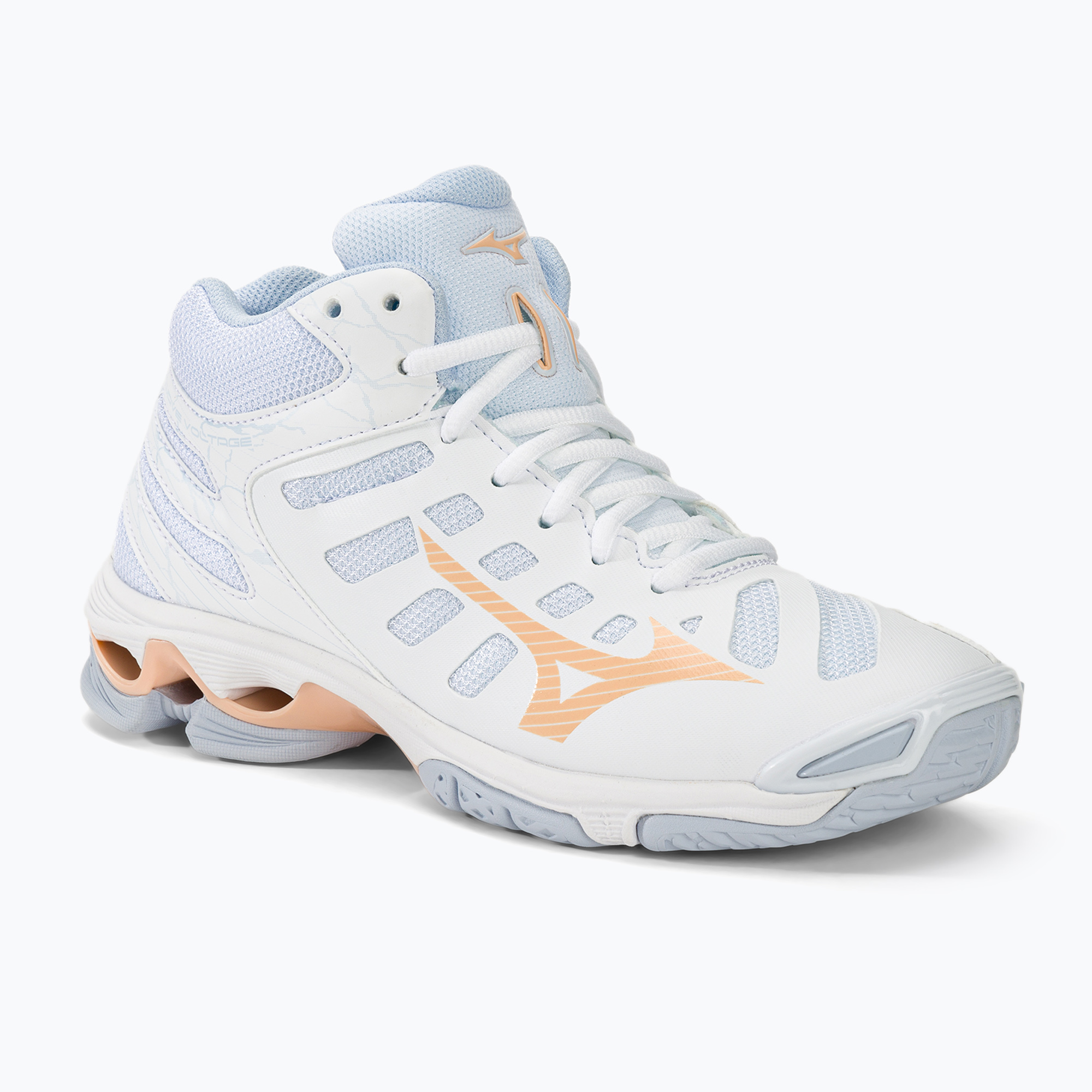 Women's volleyball shoes Mizuno Wave Voltage Mid white/peach parfait/halogen blue