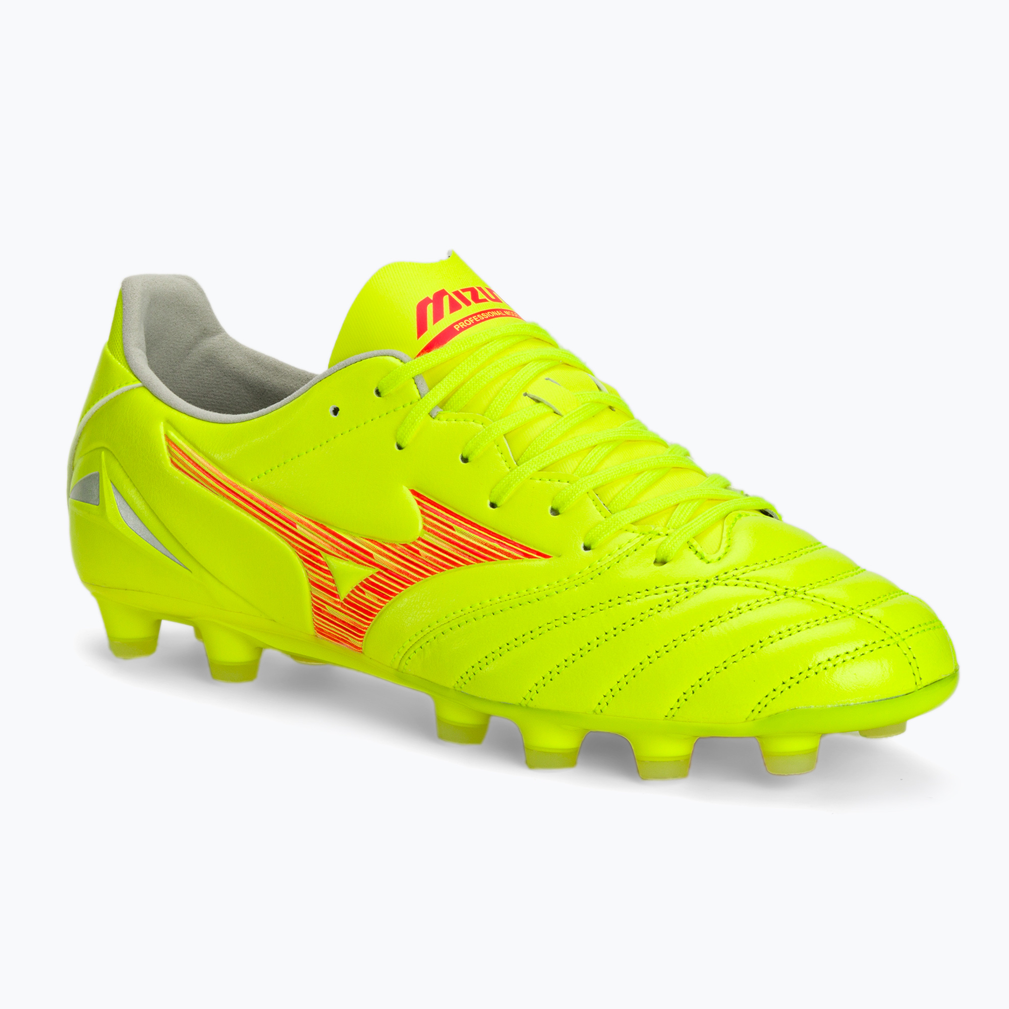 Mizuno Morelia Neo IV Pro MD safety yellow/fiery coral 2/galaxy silver men's football boots (42 EU)