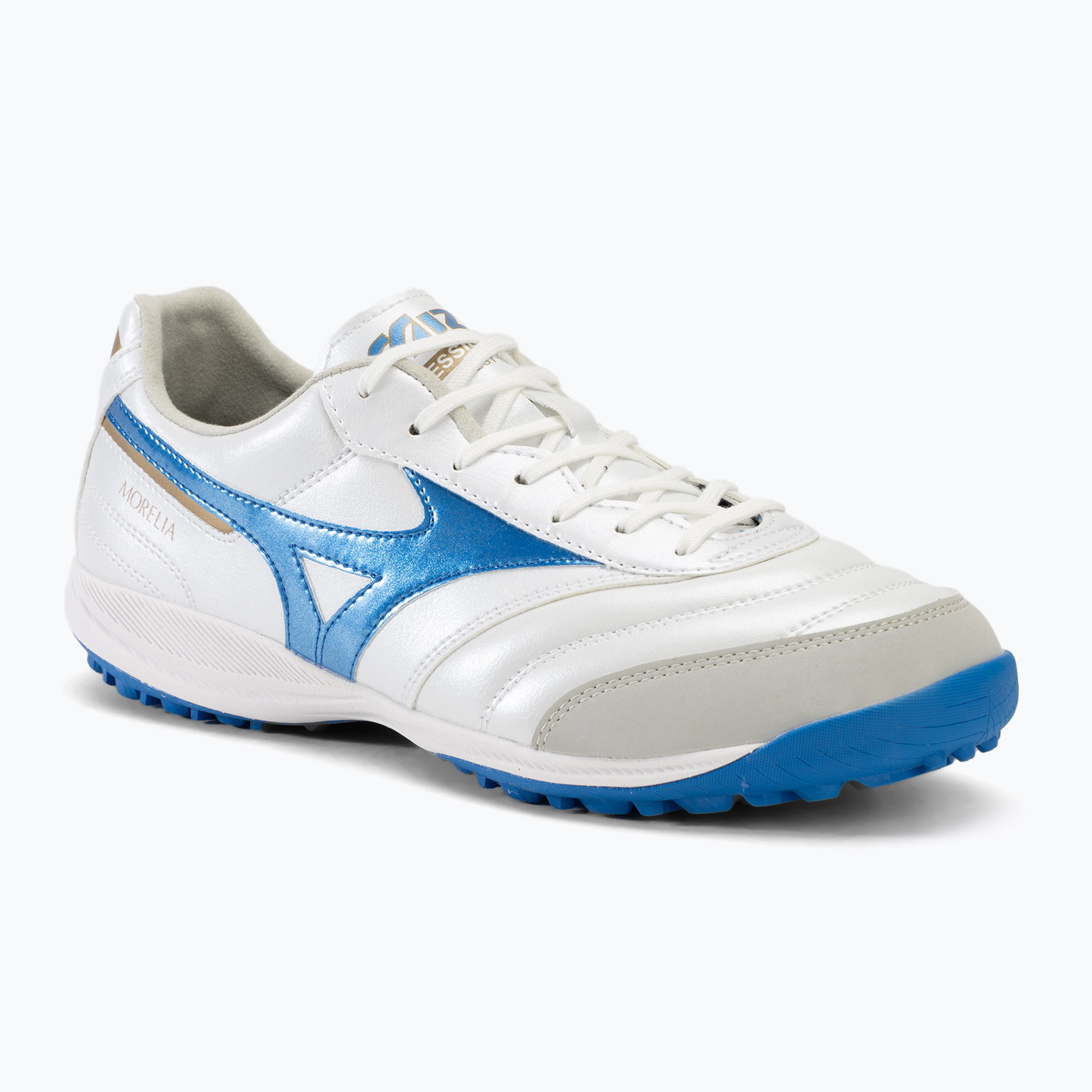 Men's Mizuno Morelia Sala Pro TF football boots white/laser blue/gold (40 EU)