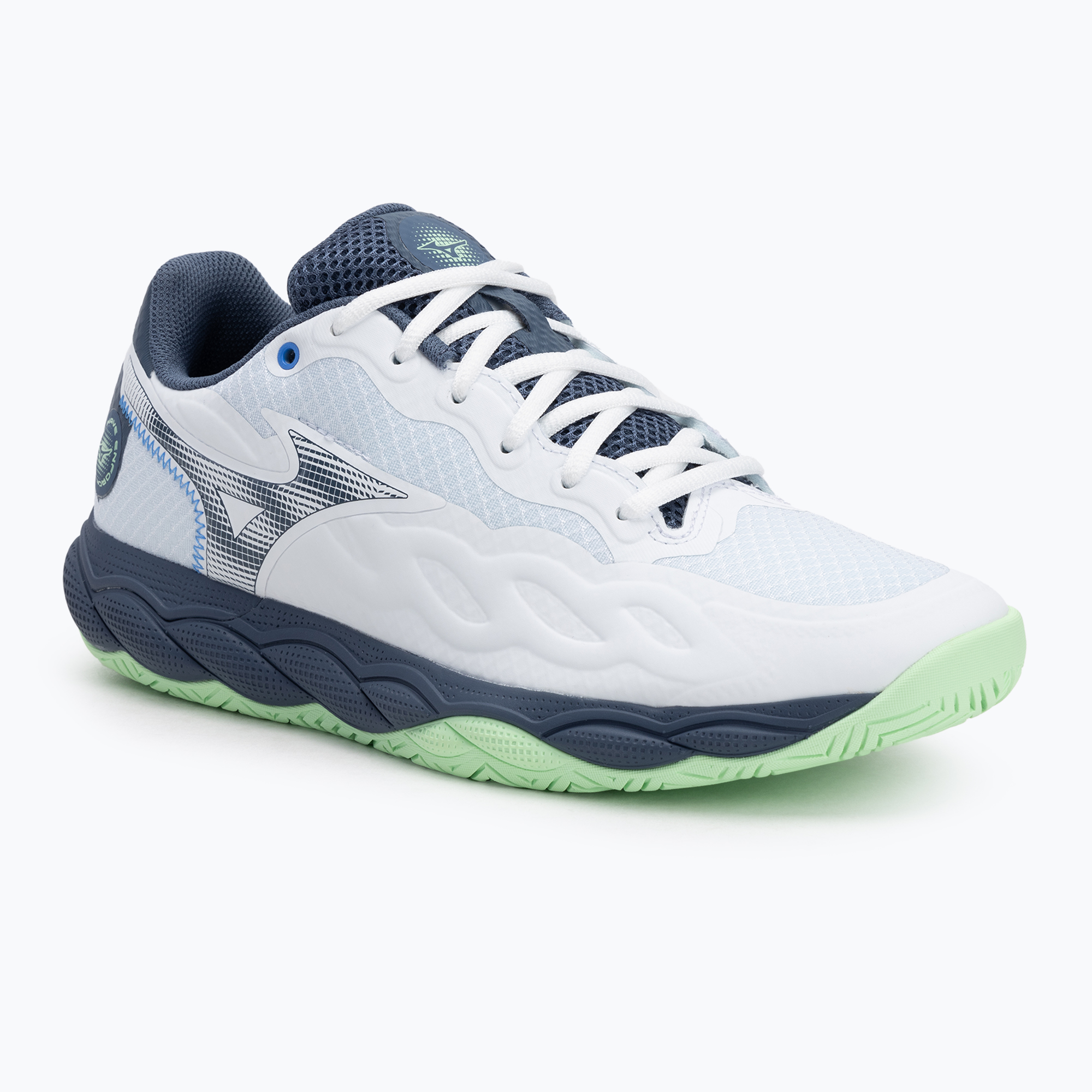 Men's tennis shoes Mizuno Wave Enforce Court AC white/ vintage indigo/ neo mint (42.5 EU)