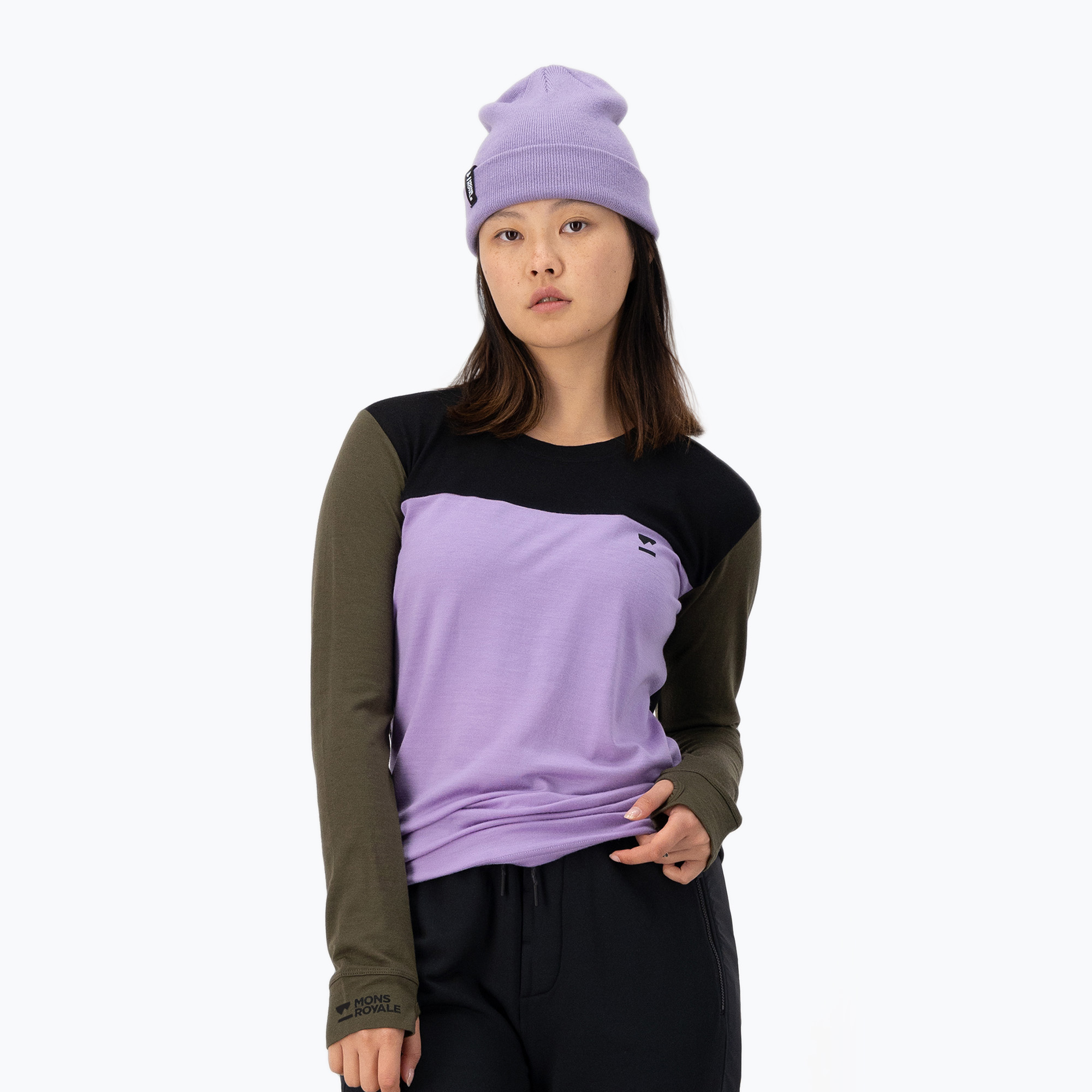 Mons Royale Yotei Merino lupin/ dark olive/ black women's thermal longsleeve (L)